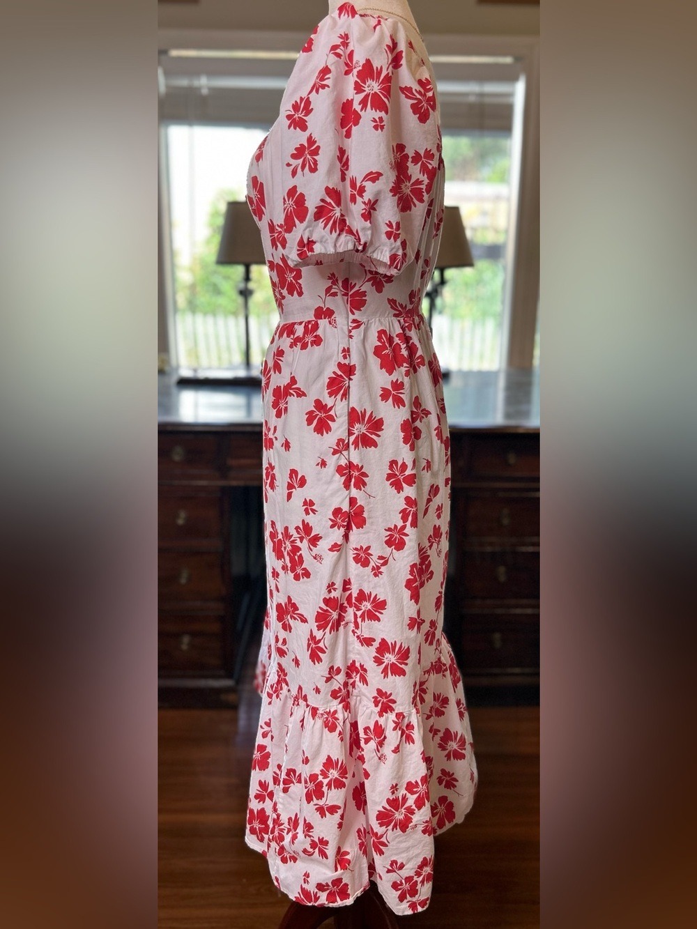 Red Floral Puff Sleeve Midi Dress White Cotton Cottagecore Feminine Chic | 12 - Picture 4 of 8